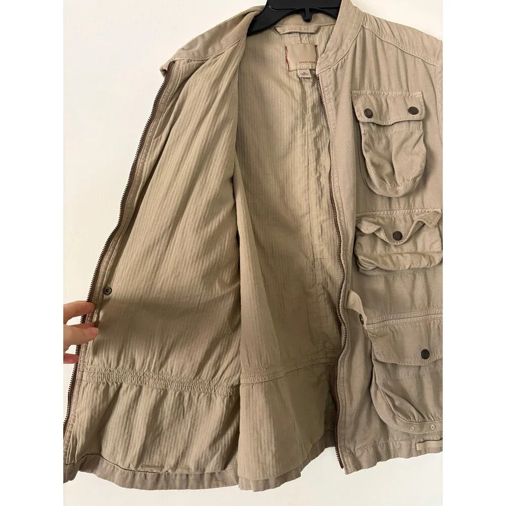 Banana Republic Vtg Safari Utility Vest M Khaki Herringbone Linen Ramie Gorpcore